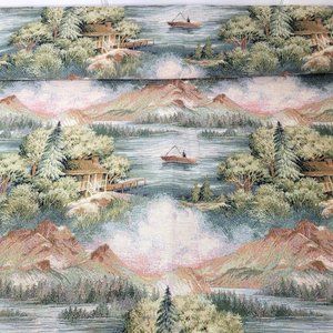 Cabin Lake House Fishing Mountains Forest Tapestry Fabric, 2 Yards